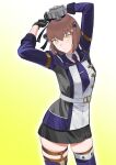  1girl black_gloves black_skirt blue_thighhighs blush bow brown_eyes brown_hair commentary_request cosplay cowboy_shot gloves hair_between_eyes hair_ornament headgear highres jacket kantai_collection long_sleeves looking_at_viewer mogador_(kancolle) mogador_(kancolle)_(cosplay) necktie pleated_skirt radar_hair_ornament ribbon short_hair skirt solo speaking_tube_headset thighhighs yellow_bow yuki_4040 yukikaze_(kancolle) yukikaze_kai_ni_(kancolle) 