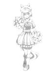  1girl alternate_costume belt blush bow bowtie cheval_grand_(umamusume) collarbone cropped_jacket dress ear_covers frilled_dress frills full_body greyscale hair_between_eyes hakugitsu hat highres horse_girl horse_tail jacket kneehighs looking_at_viewer medium_hair monochrome open_clothes open_jacket open_mouth pleated_dress pom_pom_(cheerleading) shoes short_sleeves sidelocks simple_background sketch sneakers socks solo standing tail umamusume white_background 
