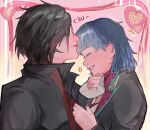  2girls arcane:_league_of_legends arcane_brawler_vi bandages bandaid bandaid_on_face bandaid_on_nose black_hair black_jacket blue_eyeliner blue_hair closed_eyes earrings eyeliner giggling hand_on_another's_chin hand_wraps heart highres jacket jewelry jinx_(league_of_legends) keni_(kenkogs) kiss kissing_forehead league_of_legends makeup medium_hair multiple_girls pink_nails powder_(alternate_timeline)_(arcane) red_hair short_hair siblings sisters sketch smile vi_(league_of_legends) 