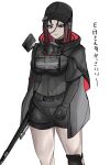  1girl absurdres baseball_cap black_bodystocking black_cloak black_gloves black_shorts breasts claymore_(mine) cloak covered_underboob e.h._(nikke) explosive gloves goddess_of_victory:_nikke gradient_hair hat highres hood hooded_cloak large_breasts mine_(weapon) multicolored_cloak multicolored_hair rebanira0330 red_cloak shorts solo standing thighs two-sided_cloak two-sided_fabric two-sided_hoodie white_background 