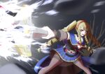  1girl absurdres aqua_eyes assault_lily bare_tree belt black_belt black_shirt blonde_hair blue_capelet blue_skirt blurry blurry_background brown_gloves brown_pantyhose capelet commentary drill_hair drill_sidelocks energy feet_out_of_frame fingerless_gloves gloves hands_up heterochromia highres holding holding_sword holding_weapon komai_sumire legs_apart long_hair looking_at_viewer looking_to_the_side miniskirt motion_blur night o-ring o-ring_belt odaiba_girls_high_school_uniform open_mouth outdoors outstretched_arm pantyhose pink_eyes pleated_skirt quad_drills red_ribbon ribbon school_uniform shirt sidelocks sideways_glance single_vambrace skirt standing sword thighband_pantyhose tree v-shaped_eyebrows vambraces very_long_hair waist_cape weapon white_shirt yadoo 