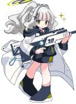  1girl :o battle_rifle black_hoodie black_shoes blue_archive blush bullpup coat commentary cross cross_hair_ornament deformed finger_on_trigger furiba_794 green_eyes green_halo grey_hair gun hair_intakes hair_ornament halo hare_(blue_archive) highres holding holding_gun holding_weapon hood hood_down hoodie inverted_cross kel-tec_rfb long_hair long_sleeves millennium_science_school_logo open_mouth ponytail rifle shoes sidelocks simple_background solo sparkle weapon white_background white_coat 