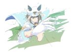  1girl animal_ears blue_cape blue_eyes border bright_pupils brown_hair cape cheval_grand_(grand_itineraire)_(umamusume) cheval_grand_(umamusume) collared_shirt double-parted_bangs ear_covers fading_border fisheye flat_cap gloves grass hair_between_eyes hakugitsu hat highres horse_ears long_sleeves looking_at_viewer multicolored_hair open_mouth running shirt sketch solo streaked_hair sweat teeth thighs umamusume white_border white_gloves white_hair white_hat white_pupils white_shirt 