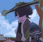 1boy absurdres aqua_gem aqua_kimono armor black_bodysuit black_cape black_hair black_hat blue_hat blue_jingasa blue_sky blunt_ends bodysuit bridal_gauntlets cape closed_mouth cloud cloudy_sky cup eyelashes eyeliner gem genshin_impact gold gold_ring grey_bridal_gauntlets hand_on_own_face hat highres japanese_armor japanese_clothes jingasa juban kimono kote kurokote looking_to_the_side makeup male_focus mandarin_collar meppe_me middle_ring open_clothes open_hand open_kimono outdoors plate red_eyeliner scaramouche_(genshin_impact) short_sleeves shoulder_peek side_cape sideways_mouth sky solo table teacup tree two-sided_fabric two-sided_headwear vision_(genshin_impact) wanderer_(genshin_impact) white_kimono white_sleeves white_trim 