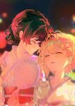  2girls absurdres black_hair blonde_hair blurry blurry_background blush bokeh closed_eyes commentary_request dark_background depth_of_field earrings hair_bun hand_fan highres holding holding_fan japanese_clothes jewelry kimi_ga_shinu_made_koi_wo_shitai kimono lizzy_seiran maud_ali multiple_girls obi open_mouth paper_fan sash short_hair smile stud_earrings teeth uchiwa ydpfa yukata yuri 