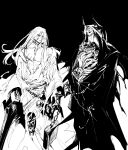  2boys azrael_(grand_assassin)_(fate) dual_persona fate/grand_order fate_(series) feet_out_of_frame hair_ornament highres holding holding_sword holding_weapon hooded_robe horns king_hassan_(fate) long_hair looking_at_viewer male_focus mask monochrome multiple_boys robe scar scar_on_cheek scar_on_chest scar_on_face skull_mask sword tomii_(tomp_son) torn_clothes torn_robe weapon 