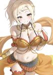  1girl absurdres bare_shoulders blush braid braided_bangs breasts cleavage commentary_request crop_top dancer frilled_thigh_strap gold_trim highres large_breasts looking_at_viewer love_live! love_live!_nijigasaki_high_school_idol_club love_live!_series_official_card_game miyashita_ai navel orange_sarong orange_shawl ponytail sarong shawl simple_background smile solo thigh_strap thighs white_background yuu_(shampoohatslime) 