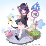  1girl absurdres animal_ears apple_caramel backpack bag beret black_dress black_hat black_shoes bloomers book cat_ears cat_girl cat_tail character_request collared_shirt commentary_request crime_prevention_buzzer dress eraser flower hat highres moon_rabbit_raising official_art open_book pencil pinafore_dress puffy_short_sleeves puffy_sleeves purple_hair randoseru red_eyes road_sign ruler scissors set_square shirt shoe_soles shoes short_sleeves sign sleeveless sleeveless_dress socks solo speed_limit_sign star_(symbol) tail white_bloomers white_shirt white_socks yellow_flower 