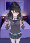  1girl 777nasu absurdres black_hair black_skirt blue_necktie blurry blurry_background blush commentary_request cowboy_shot grey_jacket half_updo highres holding holding_panties holding_underwear holding_unworn_clothes idolmaster idolmaster_shiny_colors indoors jacket kazano_hiori lace-trimmed_panties lace_trim looking_at_viewer miniskirt mole mole_under_mouth necktie nose_blush panties plaid_clothes plaid_skirt pleated_skirt presenting_removed_panties purple_eyes purple_panties pussy_juice_stain school_uniform skirt solo striped_clothes striped_necktie sweat sweater underwear unworn_panties yellow_sweater 