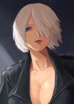  1girl ametsuchidoji angel_(kof) blue_eyes bra breasts cleavage close-up collarbone commentary_request crop_top cropped_jacket hair_over_one_eye highres jacket large_breasts leather leather_jacket looking_at_viewer short_hair solo strapless strapless_bra the_king_of_fighters the_king_of_fighters_xiv toned toned_female tongue tongue_out underwear white_hair 