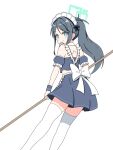  apron aqua_halo aqua_ribbon aris_(blue_archive) aris_(maid)_(blue_archive) bare_arms bare_back bare_shoulders black_wrist_cuffs blue_archive blue_dress blue_eyes blue_hair borrowed_clothes bow clothing_cutout commentary_request dress facing_viewer feet_out_of_frame frilled_apron frills gradient_halo green_halo halo head_tilt highres holding holding_mop light_blush light_smile long_hair looking_at_viewer maid maid_apron maid_headdress mop multicolored_halo official_alternate_costume partial_commentary rectangular_halo ribbon stomach_cutout thighhighs thighs user_stxu5783 very_long_hair white_apron white_bow white_thighhighs wrist_cuffs 