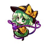  1girl black_hat bow buttons chibi collared_shirt commentary_request diamond_button disembodied_linked_eye eyeball frilled_shirt_collar frilled_skirt frilled_sleeves frills full_body green_eyes green_hair green_skirt hat hat_bow heart heart_of_string komeiji_koishi long_sleeves looking_at_viewer shirt skirt smile socha solo touhou wide_sleeves yellow_bow yellow_shirt 