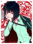  1girl black_coat black_hair blunt_ends bob_cut border cigarette coat coat_on_shoulders collared_shirt commentary english_commentary falundata head_on_hand head_rest highres limbus_company long_sleeves looking_at_viewer parody project_moon red_background red_eyes ryoshu_(project_moon) shirt short_hair signature smoke smoking solo style_parody vivinos_(style) white_background white_border white_shirt 