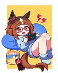  1girl absurdres animal_ears bean_bag_chair blue_hoodie blue_socks blush bottle breasts brown_hair calbee_(potato_chips) chips_(food) commentary_request ear_ribbon food handheld_game_console highres holding holding_handheld_game_console hood hood_down hoodie horse_ears horse_girl horse_tail jorang_(jorang08) korean_commentary long_sleeves multicolored_hair nintendo_switch open_mouth red-framed_eyewear red_eyes short_hair smile socks soda_bottle solo tail transcend_(umamusume) umamusume white_hair 