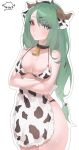  1girl animal_ears animal_print apron bare_hips bell bikini black_collar blue_eyes breasts cleavage collar colored_sclera cow_ears cow_girl cow_horns cow_print cow_print_apron cow_print_bikini cowbell crelly dice_hair_ornament green_hair grey_sclera hair_ornament hairband heterochromia highres horns indie_virtual_youtuber looking_at_viewer medium_breasts no_mole ponytail print_apron print_bikini red_eyes simidzu_simimi smile solo standing swimsuit thighs virtual_youtuber white_background wide_hips x_hair_ornament 