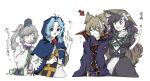  4girls antinomy_of_common_flowers arrow_(symbol) bandages bead_necklace beads black_dress blue_eyes blue_hair blue_hat blue_hood bow brown_hair cape check_translation closed_eyes commentary_request conical_hat constricted_pupils cross-laced_clothes cross-laced_dress dress gradient_hair grey_hair hair_horns hat headphones highres hijiri_byakuren holding holding_jewelry holding_ring index_finger_raised jewelry kesa kumoi_ichirin liver017 long_hair looking_at_another mononobe_no_futo multicolored_hair multiple_girls necklace open_mouth ponytail purple_bow purple_cape purple_hair ribbon-trimmed_sleeves ribbon_trim ring simple_background smile sweatdrop tate_eboshi torn_clothes touhou toyosatomimi_no_miko translation_request upper_body white_dress wide_sleeves yellow_eyes 