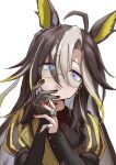  1girl absurdres ahoge animal_ears ayukake277 blue_eyes brown_hair coat commentary_request dream_journey_(reminder_of_dreamland)_(umamusume) dream_journey_(umamusume) eyewear_strap glasses gloves hair_between_eyes highres horse_ears horse_girl jewelry lace lace_gloves long_hair long_sleeves looking_at_viewer multicolored_hair multiple_rings open_mouth puffy_sleeves red_nails red_shirt ring shirt simple_background single_glove solo umamusume upper_body white_background white_hair 