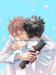  2boys black_hair blue_background blush brown_hair closed_eyes closed_mouth commentary_request crying diploma diploma_tube falling_petals graduation haikyuu!! highres holding holding_diploma hug iwaizumi_hajime male_focus multiple_boys oikawa_tooru_(haikyuu!!) petals pink_petals shiromaru_haiji short_hair suit tears upper_body white_suit 