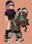  1boy 1girl absurdres backwards_hat bandana black_hair black_panties black_pants black_shirt blue_eyes breasts brown_shoes colored_tongue cum dark-skinned_female dark_skin domino_mask eye_mask full_body grabbing_own_breast gradient_hair green_hair green_tongue grey_pants grey_shoes hat heart heart-shaped_pupils highres inkling_boy inkling_player_character jewelry large_breasts marina_(dj_hyperfresh)_(splatoon) marina_(splatoon) mask multicolored_hair navel_piercing necklace nipples octoling orange_hair panties pants parted_lips piercing pink_background pink_pupils pinksaber purple_hair purple_scarf scarf sex sex_from_behind shirt shoes short_sleeves simple_background smile splatoon_(series) splatoon_2 standing standing_doggystyle suction_cups symbol-shaped_pupils tentacle_hair topless_female underwear white_bandana 