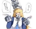  1girl absurdres blonde_hair blue_jacket blush caseee999 closed_eyes commentary_request gloves grey_hat hands_up hat highres jacket long_hair motion_lines norma_hollowell open_mouth shrugging simple_background solo speech_bubble translated upper_body very_long_hair white_background white_gloves zenless_zone_zero 