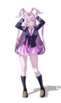 1girl absurdres animal_ears blue_jacket blue_socks blush brown_shoes collared_shirt commentary grin highres jacket kneehighs long_hair martinizki necktie pink_necktie pleated_skirt purple_hair purple_skirt rabbit_ears rabbit_girl rabbit_pose red_eyes reisen_udongein_inaba shirt shoes skirt smile socks solo touhou very_long_hair white_shirt 