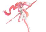 1girl absurdres armor bodysuit boots breastplate breasts chenhui_chuang_58 collar commentary_request full_body hairband headgear highres holding holding_polearm holding_weapon long_hair lupa_(wuthering_waves) metal_collar metal_hairband pink_hair polearm red_pupils smile solo tail thigh_boots twintails weapon white_bodysuit white_boots wolf_tail wuthering_waves yellow_eyes 