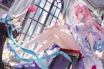  1girl absurdres armlet bare_shoulders blue_hair breasts closed_mouth commentary crossed_legs cyrene_(demiurge)_(honkai:_star_rail) cyrene_(honkai:_star_rail) english_commentary full_body gradient_hair halo high_heels highres honkai:_star_rail honkai_(series) indoors jewelry large_breasts libero_art long_hair looking_at_viewer miyoushe_watermark multicolored_hair petals pink_hair pink_petals pointy_ears purple_eyes purple_shoes shoes sidelocks sitting smile solo thighs very_long_hair watermark window 