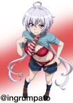  1girl absurdres ahoge artist_name belt blue_shirt blue_socks blush bra breasts brown_shoes cleavage clothes_lift commentary_request from_above full_body hair_between_eyes hair_ribbon highres kyomeihibiki large_breasts lifting_own_clothes long_hair looking_at_viewer navel necktie open_mouth panties pink_ribbon purple_eyes red_bra red_panties ribbon s.o.n.g._uniform senki_zesshou_symphogear shirt shirt_lift shoes smile socks solo stomach striped_clothes striped_necktie twintails underwear undressing very_long_hair white_hair yukine_chris 