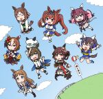  6+girls animal_ears blue_eyes blue_hair blue_sky brown_eyes brown_hair cheval_grand_(grand_itineraire)_(umamusume) cheval_grand_(umamusume) closed_eyes cloud commentary daitaku_helios_(fun_fun_party_night)_(umamusume) daitaku_helios_(umamusume) daiwa_scarlet_(peak_blue)_(umamusume) daiwa_scarlet_(umamusume) english_commentary fine_motion_(noble_seamair)_(umamusume) fine_motion_(umamusume) fisheye gentildonna_(regina_dei_fiori)_(umamusume) gentildonna_(umamusume) grass grass_wonder_(stone-piercing_blue)_(umamusume) grass_wonder_(umamusume) grey_hair hat highres horse_ears horse_girl horse_tail kamogawa_pisuke multicolored_hair multiple_girls peaked_cap red_eyes sakura_chiyono_o_(strength_in_full_bloom)_(umamusume) sakura_chiyono_o_(umamusume) sky streaked_hair tail translation_request twintails umamusume white_hair yaeno_muteki_(blazed_head_covered_fists)_(umamusume) yaeno_muteki_(umamusume) 