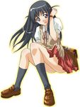 black_legwear full_body long_hair looking_at_viewer mikage_nao pleated_skirt red_skirt school_briefcase school_rumble shoes short_sleeves simple_background sitting skirt socks solo tsukamoto_tenma two_side_up white_background 