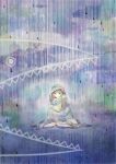  1girl archived_source blanket blonde_hair blue_eyes blush closed_mouth expressionless fish full_body long_hair original rain sitting solo takano_otohiko under_covers water_drop wrapped_in_blanket 