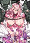  1boy 1girl absurdres ahoge aiuchi_runa bdsm blush boots bound breasts breasts_out chain chain_leash clenched_teeth collar commentary_request cum cum_on_body cum_on_breasts cum_on_clothes green_eyes hair_between_eyes hetero highres huge_breasts imminent_rape interspecies leash leotard licking licking_another's_face long_hair long_tongue looking_at_viewer magical_girl metal_collar monster nipples orc partially_visible_vulva pink_hair puffy_sleeves red_collar resistear restrained second-party_source seikou_tenshi_resistear slime_(substance) spread_legs squatting takatsuki_ichi teeth tentacles tentacles_under_clothes thigh_boots thighhighs thighs tongue 