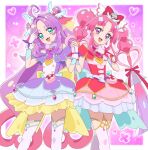  2girls :d ahoge akechi_anna aqua_trim back_bow bare_shoulders blue_bow blue_eyes blunt_bangs blunt_ends blush border bow bowtie braid brooch bubble_background buttons capelet commentary cowboy_shot crossed_legs cure_answer cure_mystique curtained_hair double-breasted double_bun dress earrings finger_gun finger_to_head fingerless_gloves fingernails glove_bow gloves gold_trim gradient_hair hair_bow hair_bun hair_flaps hair_intakes hair_ornament hair_ribbon hand_up heart heart_background heart_brooch heart_in_eye highres holding_hands impossible_hair index_finger_raised interlocked_fingers jewelry kobayashi_mikuru legs_apart long_hair looking_at_viewer magical_girl meitantei_precure! mohurine_cute multicolored_hair multiple_girls nail_polish open_mouth outside_border pact_holder parted_bangs pink_bow pink_bowtie pink_capelet pink_dress pink_hair pink_nails pleated_dress pouch precure purple_background purple_bow purple_bowtie purple_capelet purple_dress purple_eyes purple_hair purple_nails red_bow red_ribbon ribbon side-by-side sidelocks smile standing symbol_in_eye teeth thick_eyebrows thighhighs twin_braids two-tone_hair upper_teeth_only v-shaped_eyebrows very_long_hair white_border white_gloves white_thighhighs wing_hair_ornament yellow_bow zettai_ryouiki 