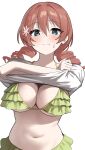  1girl absurdres bikini blush breasts cleavage closed_mouth commentary drill_hair emma_verde emma_verde_(kujibikido_swimsuit) freckles frilled_bikini frills green_bikini hair_ornament halterneck highres large_breasts looking_at_viewer love_live! love_live!_nijigasaki_high_school_idol_club low_twintails medium_hair navel red_hair shirt simple_background solo stomach swimsuit twin_drills twintails undressing white_background white_shirt yuu_(shampoohatslime) 