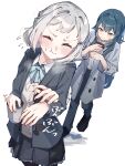  2girls :t ^^^ absurdres afterimage black_jacket black_skirt blue_pants blue_ribbon blush breath closed_eyes closed_mouth coat collared_shirt commentary cup disposable_coffee_cup disposable_cup dutch_angle flying_sweatdrops furrowed_brow gakuen_idolmaster green_eyes green_hair grey_coat grey_hair grey_sweater hand_up highres holding holding_cup idolmaster jacket katsuragi_lilja kitanoneko long_hair long_sleeves multiple_girls neck_ribbon open_clothes open_coat open_jacket pants ribbon shirt short_hair simple_background skirt smile sweat sweater tearing_up toggles tsukimura_temari walking white_background 