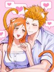  1boy 1girl 22nae2 absurdres animal_ear_fluff animal_ears bare_shoulders bleach bleach:_epilogue blush breasts cat_ears cat_tail closed_mouth collarbone commentary couple dress hair_ornament hairclip heads_together heart hetero highres husband_and_wife inoue_orihime kemonomimi_mode kurosaki_ichigo large_breasts long_hair looking_at_another open_mouth orange_eyes orange_hair shirt short_hair short_sleeves smile spoken_heart tail upper_body white_dress white_shirt 