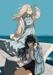  2girls absurdres black_hair black_shirt blonde_hair blue_dress blue_jacket closed_eyes closed_mouth dango dress food frilled_dress frills gakuen_idolmaster highres holding holding_food ibuki_(ibuki0118) idolmaster jacket multiple_girls ocean open_mouth outdoors shinosawa_hiro shirt shoes sitting smile standing tsukimura_temari wagashi water white_jacket white_shirt white_shoes yellow_eyes 