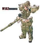  blue_eyes brown_hair copyright_request gun long_sleeves m1_abrams_(personification) mecha_musume military original panties personification ponytail simple_background smile solo soukaa_(golden_sash) standing underwear weapon white_background white_panties 