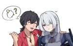  1boy 1girl ak-15_(girls'_frontline) beard_stubble black_hair commander_(girls'_frontline) facial_hair girls'_frontline girls'_frontline_2:_exilium ichinoyalab leisurely_heat_(girls'_frontline_2) ponytail sexually_suggestive stubble voymastina_(girls'_frontline_2) whistle whistle_around_neck white_background white_hair 
