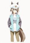  1girl animal_ears blue_eyes blue_jacket breasts brown_hair brown_pants cheval_grand_(umamusume) closed_mouth cropped_legs ear_covers ears_through_headwear hair_between_eyes hakugitsu hands_in_pockets hat hat_belt highres horse_ears horse_girl horse_tail jacket long_hair looking_at_viewer multicolored_hair open_clothes open_jacket pants shirt simple_background solo streaked_hair tail umamusume white_background white_hair white_hat white_shirt 