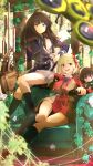  2girls absurdres backpack bag black_hair black_socks blonde_hair blue_dress blurry blurry_foreground commentary_request couch dress drone gun hair_ribbon handgun highres holding holding_gun holding_weapon inoue_takina kneehighs long_hair lycoris_recoil lycoris_uniform multiple_girls nishikigi_chisato on_couch one_side_up overgrown parted_lips purple_eyes red_dress red_eyes red_ribbon ribbon sengoku_chidori short_hair sitting socks weapon 