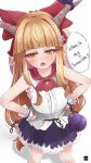  1girl anger_vein artist_logo black_skirt blonde_hair bow chain chained_wrists commentary english_commentary frilled_shirt frills gourd hair_bow hands_on_own_hips highres horns ibuki_suika logo looking_at_viewer lykesya open_mouth red_bow shirt skirt sleeveless sleeveless_shirt solo speech_bubble touhou v-shaped_eyebrows white_shirt yellow_eyes 