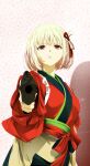  1girl absurdres aiming aiming_at_viewer blonde_hair bob_cut cafe_lycoreco_uniform commentary_request disgust gun hair_ribbon handgun highres holding holding_gun holding_weapon japanese_clothes kimono looking_at_viewer lycoris_recoil nishikigi_chisato open_mouth pink_background red_kimono red_ribbon ribbon sengoku_chidori short_hair solo twitter_username upper_body weapon yukata 