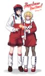 1boy 1girl absurdres aqua_eyes aqua_hair black_hair blonde_hair blue_shoes brown_thighhighs chinese_new_year dress fireworks fur-trimmed_legwear fur_trim genshin_impact haryu_chee hat high_heels highres holding holding_fireworks hood hoodie long_sleeves lumine_(genshin_impact) overalls red_dress red_hat red_overalls red_shoes red_shorts shoes shorts smile teeth thighhighs venti_(genshin_impact) white_hoodie yellow_eyes 