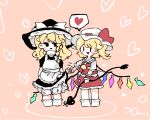  2girls apron ascot black_dress blonde_hair bloomers blush bow braid chibi clothes_lift collared_shirt commentary_request crystal crystal_wings dress embodiment_of_scarlet_devil flandre_scarlet frilled_shirt_collar frills hat hat_bow hat_ribbon heart highres holding holding_weapon kirisame_marisa laevatein_(touhou) lifting_another's_clothes long_hair mob_cap multicolored_wings multiple_girls official_alternate_costume one_side_up open_mouth red_skirt red_vest ribbon shirt side_braid single_braid skirt skirt_lift skirt_set smile spoken_heart touhou tsumurikoto vest weapon white_apron white_bloomers white_bow white_hat white_shirt wings witch_hat yellow_ascot yuri |_| 