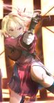  1girl absurdres black_socks blonde_hair commentary_request gun hair_ribbon handgun highres holding holding_gun holding_weapon kneehighs looking_at_viewer lycoris_recoil lycoris_uniform nishikigi_chisato parted_lips red_eyes red_ribbon ribbon sengoku_chidori short_hair smoke smoking_barrel socks solo weapon 