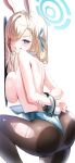  1girl absurdres animal_ears arms_behind_back ass asuna_(blue_archive) asuna_(bunny)_(blue_archive) black_pantyhose blonde_hair blue_archive blue_eyes blue_halo blue_leotard breast_press breasts commentary cuffs fake_animal_ears fake_tail halo handcuffs highres large_breasts leotard long_hair looking_at_viewer mamo_(user_jjca7524) median_furrow naughty_face official_alternate_costume pantyhose playboy_bunny rabbit_ears rabbit_tail shiny_skin simple_background smile solo tail very_long_hair white_background 