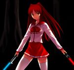  a1 brown_eyes dual_wielding energy_sword holding kousaka_tamaki lightsaber long_hair long_sleeves pleated_skirt red_hair school_uniform serafuku skirt solo sword thighhighs to_heart_2 weapon zettai_ryouiki 