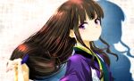  1girl absurdres brown_hair closed_mouth commentary_request highres inoue_takina japanese_clothes kimono long_hair lycoris_recoil purple_eyes purple_kimono sengoku_chidori shadow smile solo untying_hair upper_body 