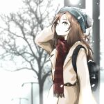  1girl absurdres aqua_eyes aqua_hat bag black_bag blurry blurry_background brown_coat brown_hair closed_mouth coat hat highres long_hair mixed-language_commentary original pom_pom_hat_ornament red_scarf scarf snowing solo striped_clothes striped_scarf tree upper_body winter xendell 
